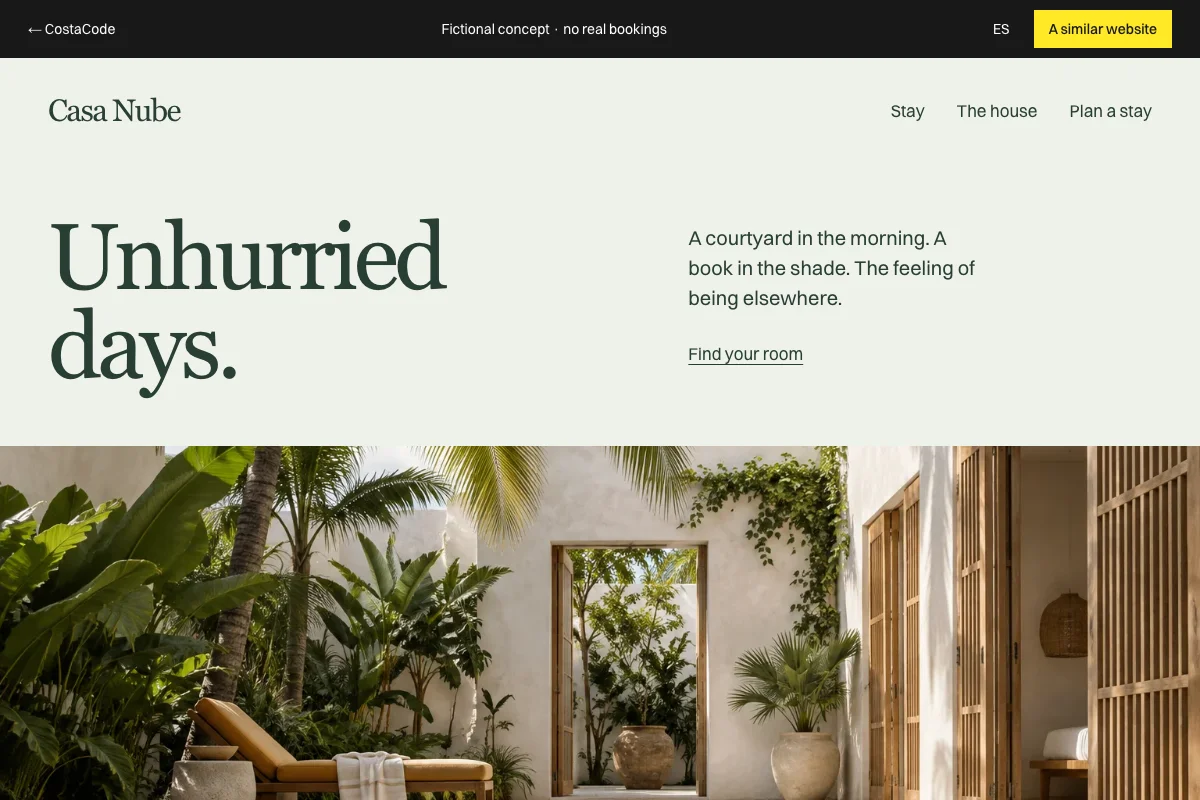 Preview of the fictional Casa Nube website