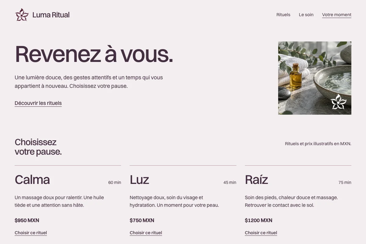 Aperçu du site fictif Luma Ritual