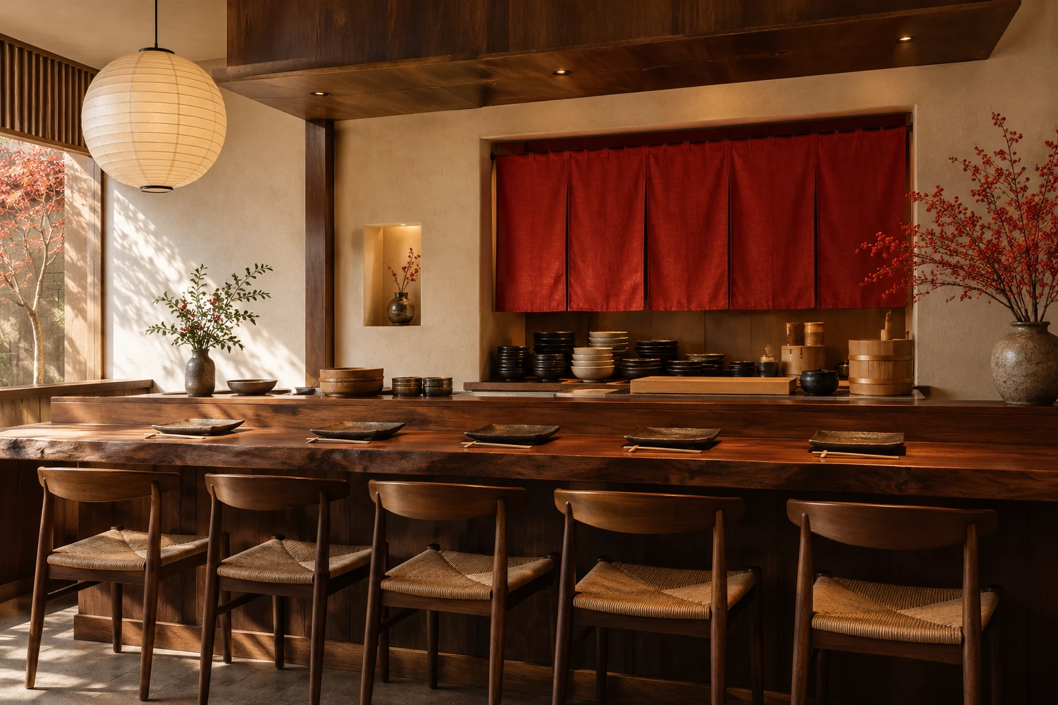 Japanese wooden counter and red curtain. Generated image.