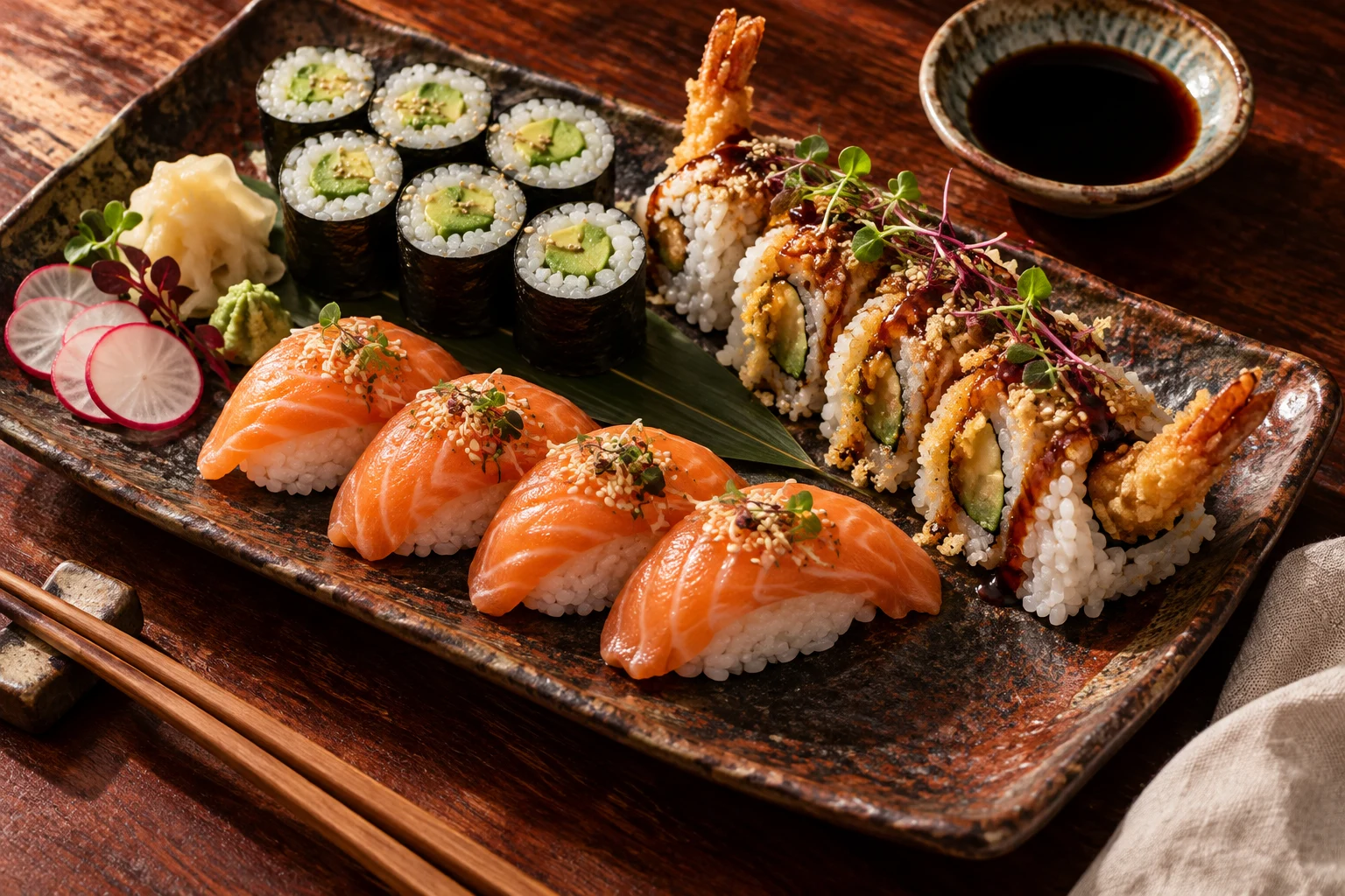 Salmon nigiri and rolls on ceramics. Generated photograph.